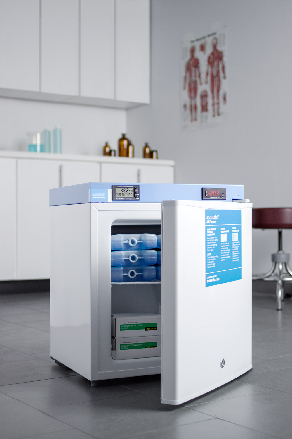 Compact medical/scientific all-freezer with digital thermostat, NIST calibrated thermometer/alarm, and front lock